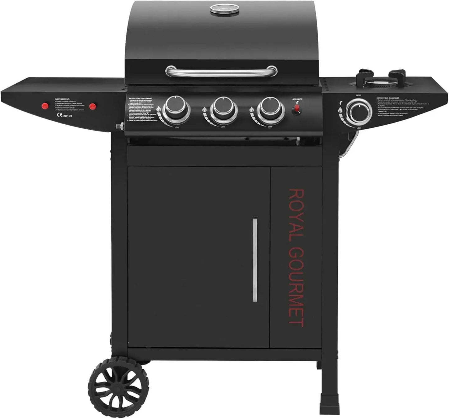 Gril à Gaz Royal Gourmet 3+1 Brûleurs, 11,5 KW, avec Tablette et Roues pour Jardin