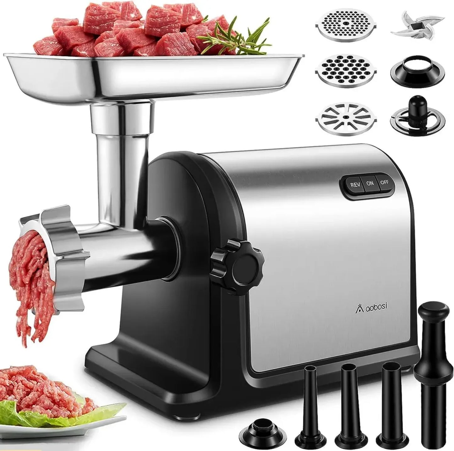 Aobosi Hachoir à Viande Électrique 3-en-1, 3000W, 3 Plaques de Coupe en Acier Inoxydable, Kubbe et Tubes à Saucisse