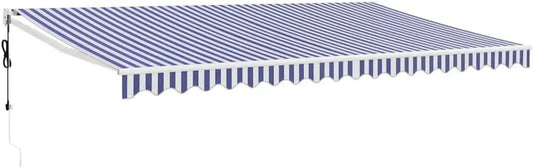 Auvent rétractable motorisé 5x3m, bleu et blanc, avec télécommande et manivelle, aluminium pulvérisé, tissu polyester anti-UV, protection solaire pour terrasse
