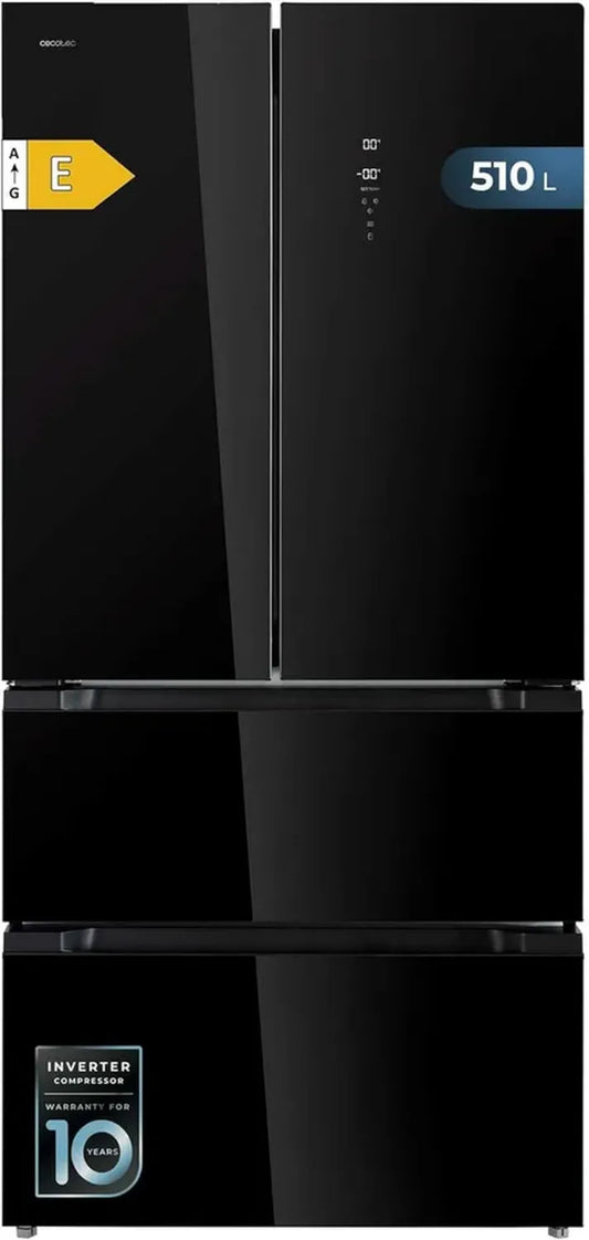 Réfrigérateur Cecotec Bolero CoolMarket FD 510 - Porte Française, 510 L, Verre, Efficacité Energétique E, 183 cm Hauteur, 84 cm Largeur, Moteur Inverter Plus, Refroidissement et Congélation Rapides, MultiAirFlow, Total NoFrost