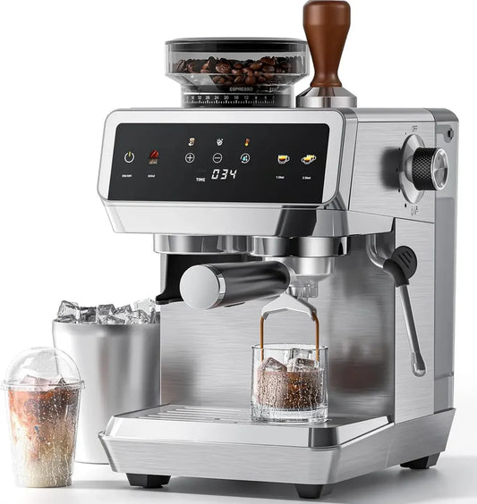 AMZCHEF Expresso 20 Bars avec Moulin Intégré, Multi-Températures, Buse Vapeur, Acier Inox, Réservoir 1,8L